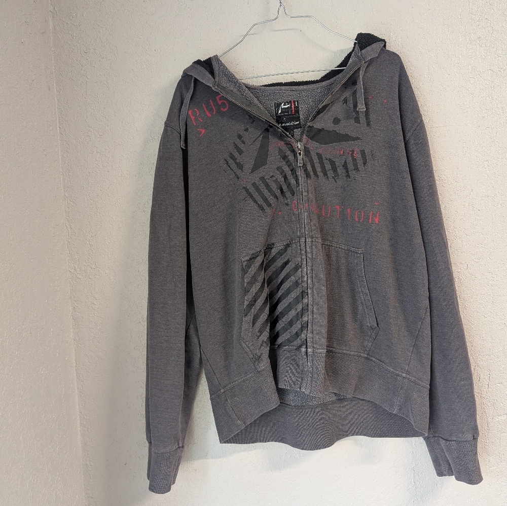 Revolution Gray Fleece-Lined Graphic Hoodie L Full Zip Skater Grunge Streetwear